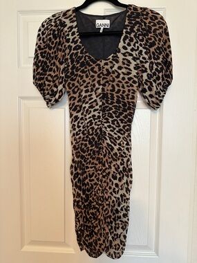 Ganni Leopard-Print Puff Sleeve Dress in Brown and Black